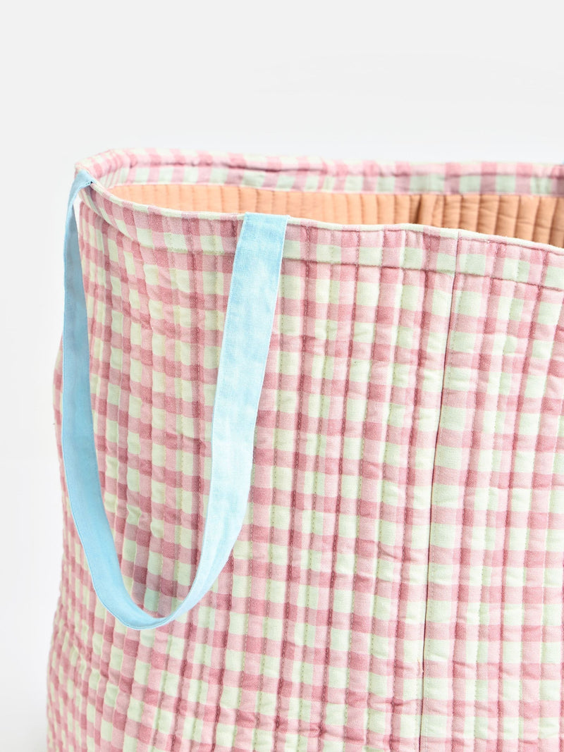 Oliver Bonas pink gingham fabric laundry basket 54cm (British brand)