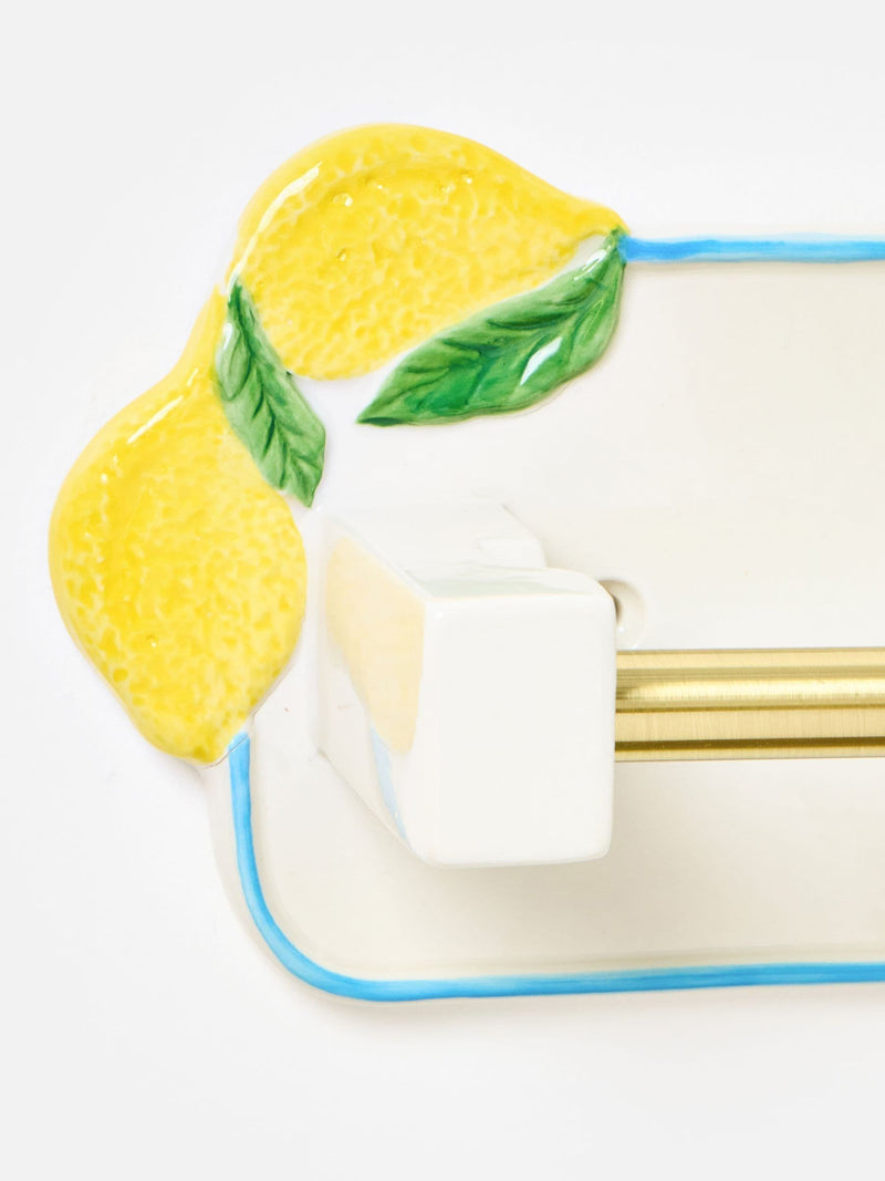 Oliver Bonas lemon ceramic toilet roll holder, imported from the UK