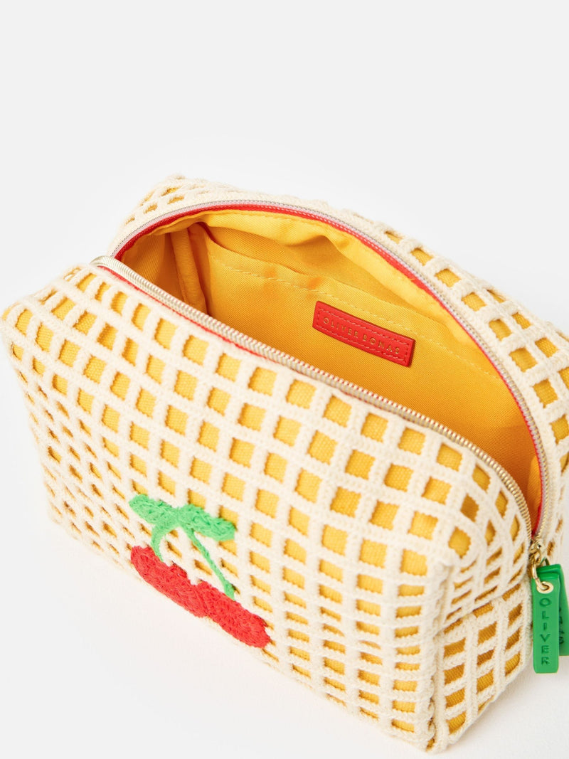 Oliver Bonas yellow crochet cherry makeup bag 140x220mm (British brand)