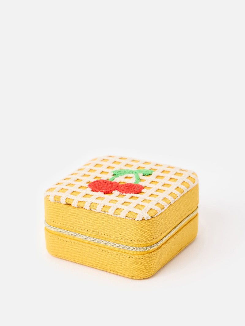 Oliver Bonas yellow crochet jewellery box with cherry motif, imported from the UK