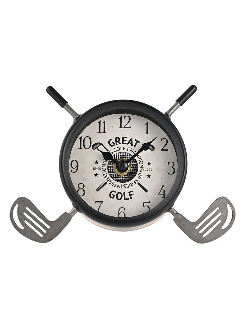 Widdop black mantel clock with crossed golf clubs - British product