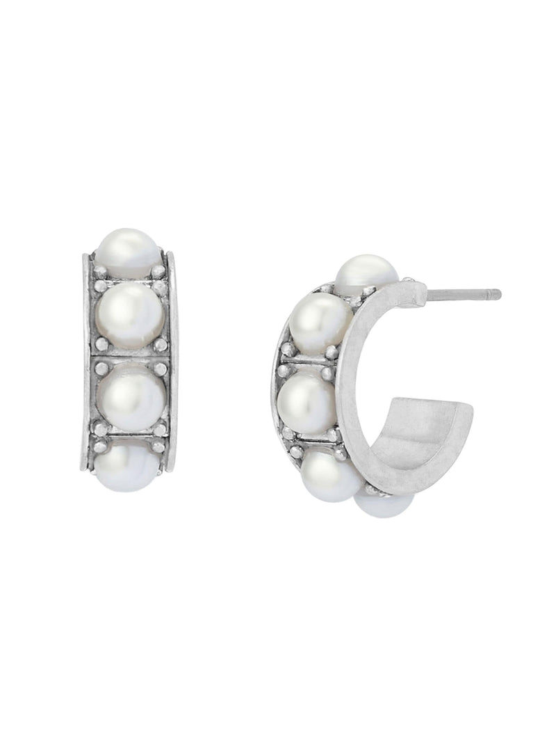 AllSaints silver tone pearl huggie earrings with stainless steel posts, imported from the UK