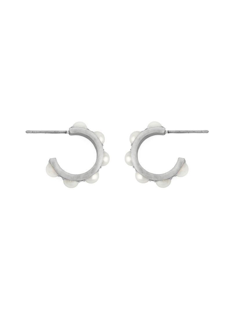 AllSaints silver tone pearl huggie earrings with stainless steel posts, imported from the UK