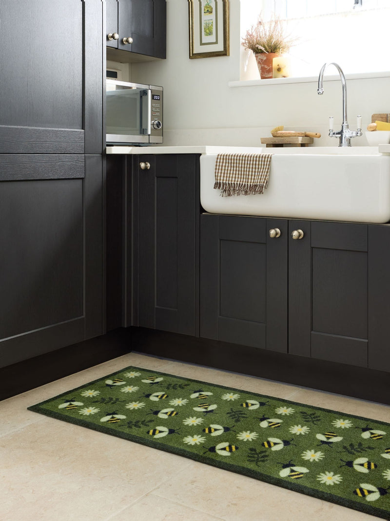 My Mat green daisy bee doormat runner 50x150cm, imported from the UK