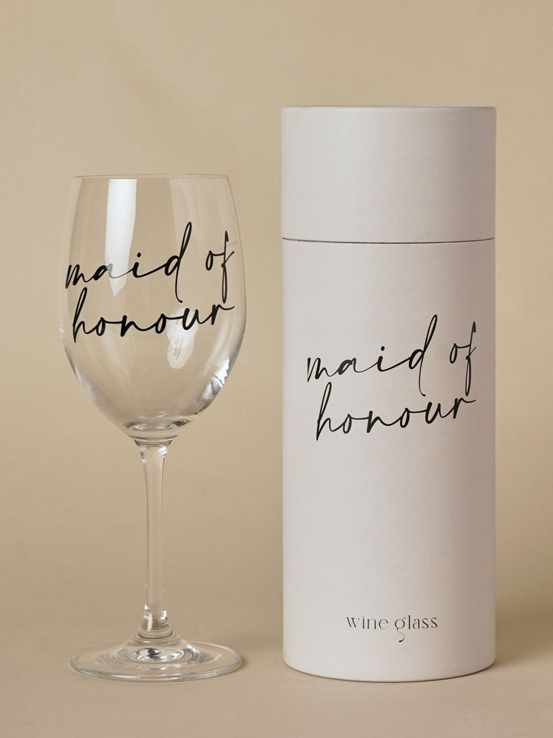 Widdop clear wine glass with black handwritten lettering - British product
