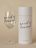 Widdop clear wine glass with black handwritten lettering - British product