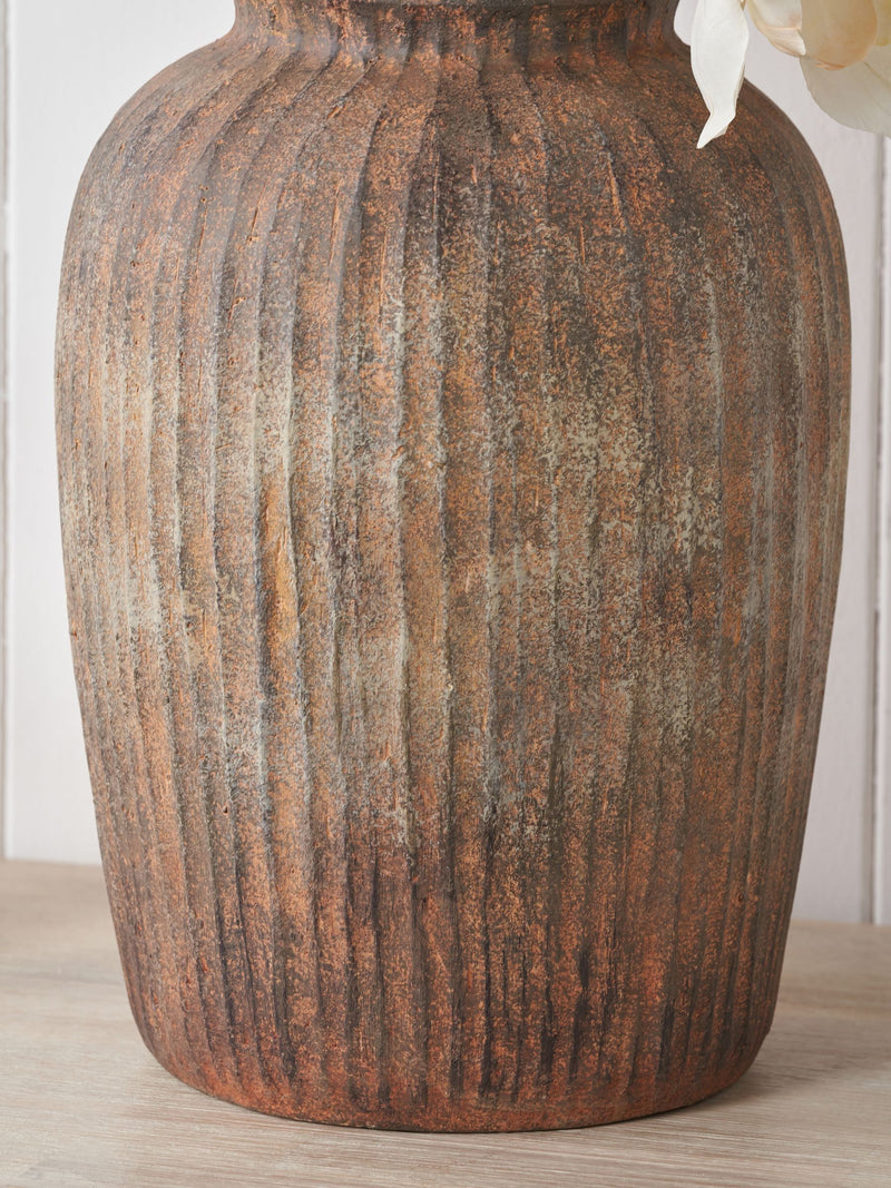 Pacific Brown Fibrestone vertical ribbed decorative vase 37cm (British brand)