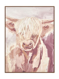 Pacific Highland cow canvas wall art with oak-effect frame, UK version