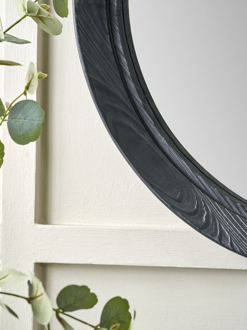 Pacific Black Elwood round wall mirror with fir wood effect, 65cm, imported from the UK