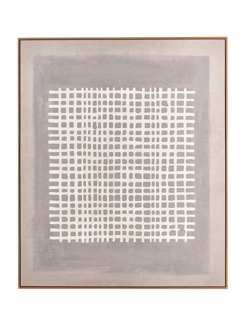 Pacific grid design canvas wall art with oak-effect frame, British brand