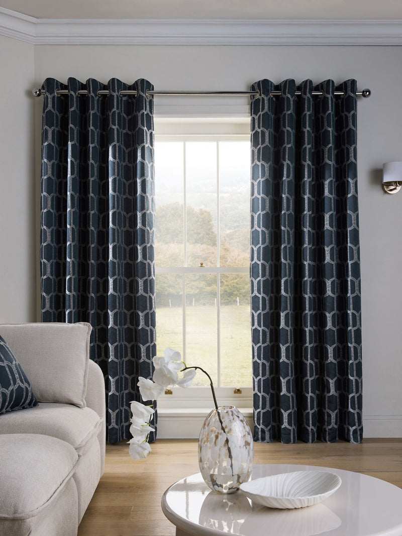 Navy blue geometric jacquard eyelet curtains (British brand)