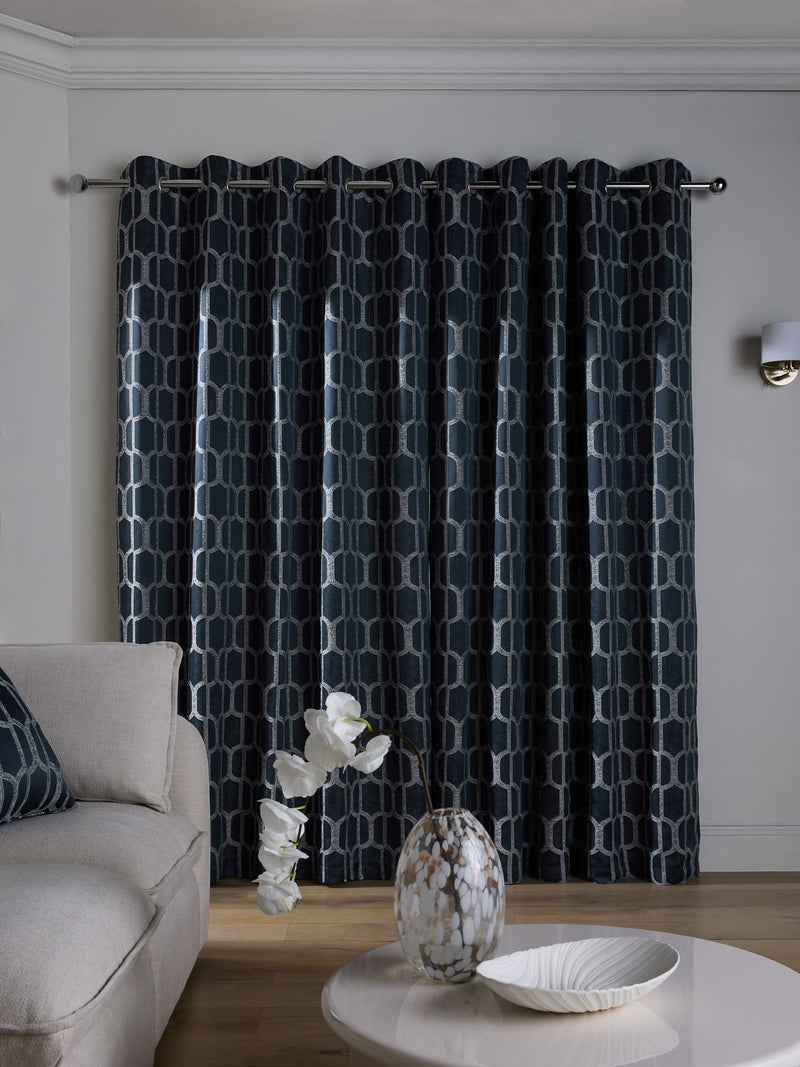 Navy blue geometric jacquard eyelet curtains (British brand)