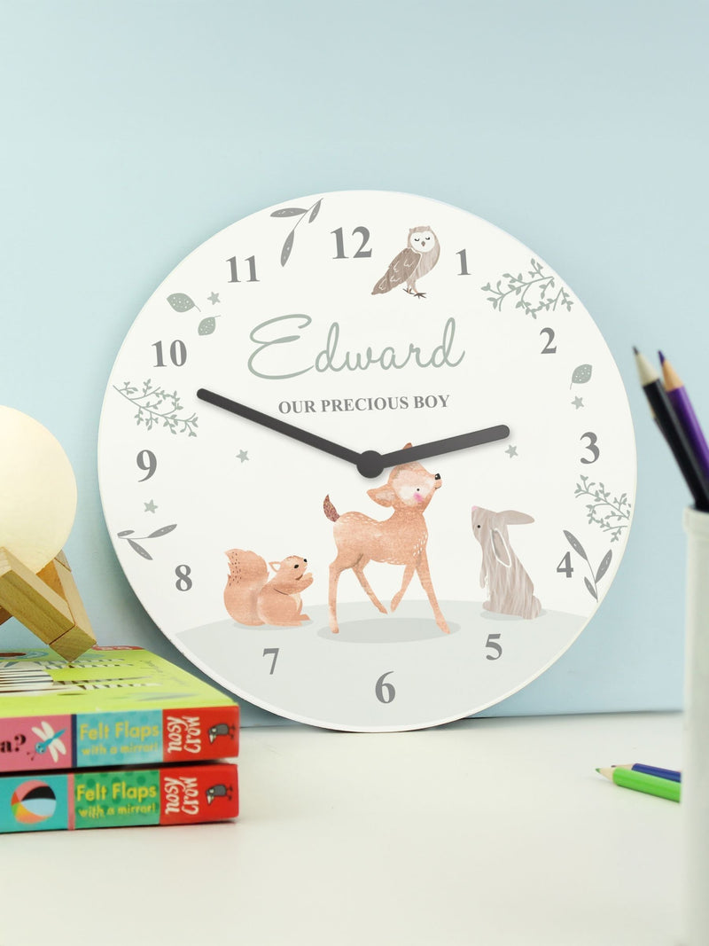 PMC personalised woodland animals nursery clock 25cm, imported from the UK