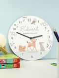 PMC personalised woodland animals nursery clock 25cm, imported from the UK