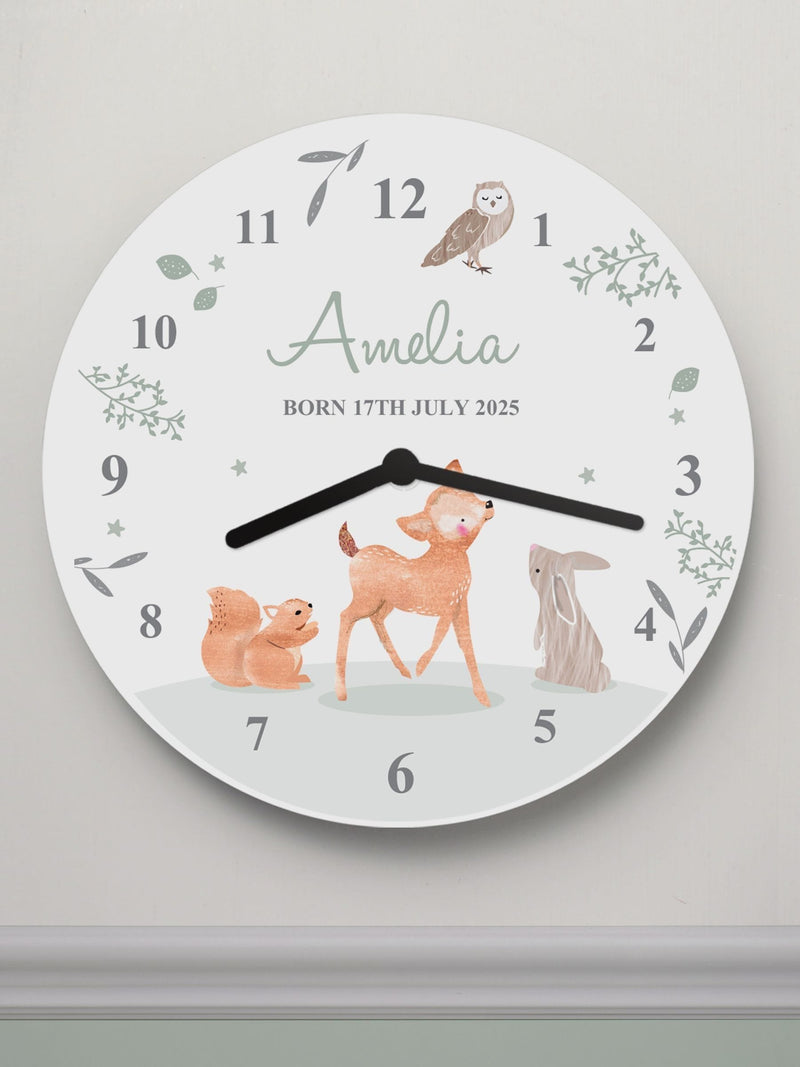 PMC personalised woodland animals nursery clock 25cm, imported from the UK