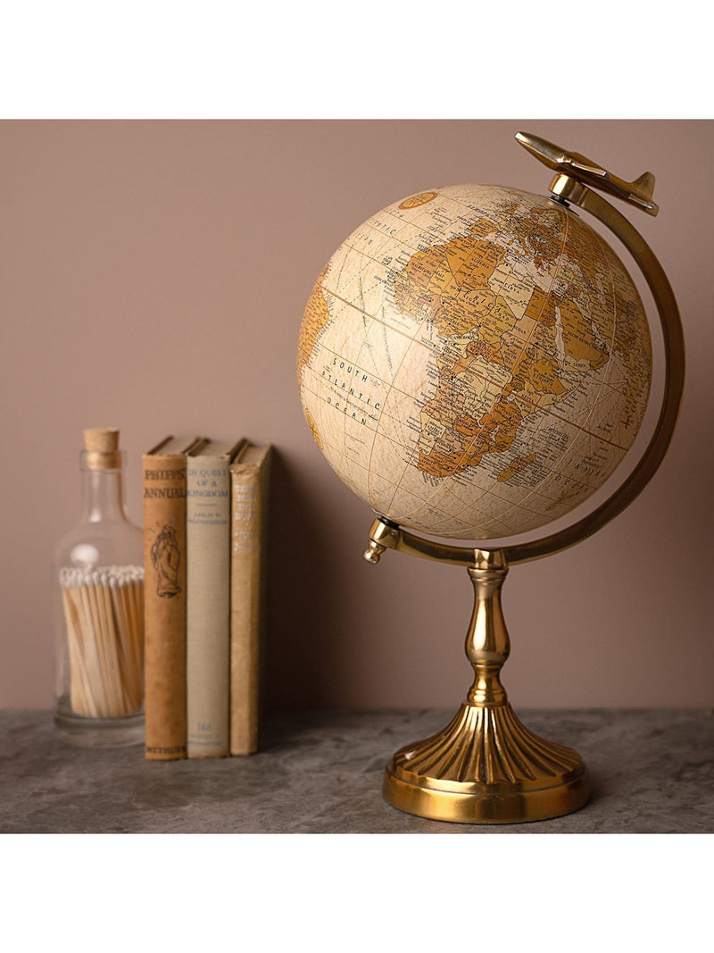 Harvey Makin decorative globe gold base aeroplane detail 37cm, UK version