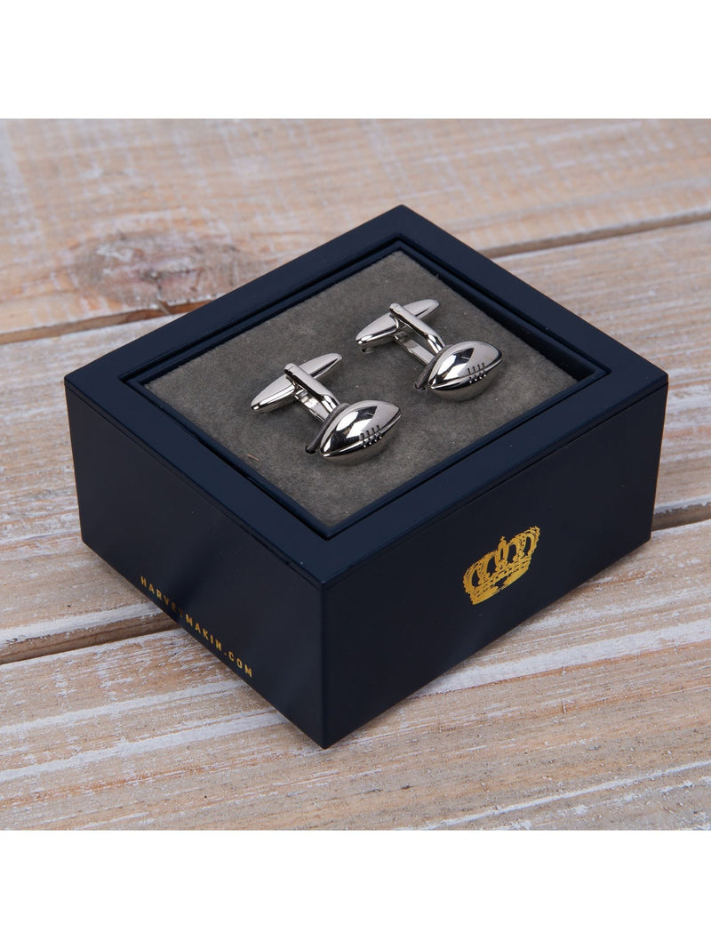 Harvey Makin rugby ball cufflinks, silver pair, gift boxed (British brand)