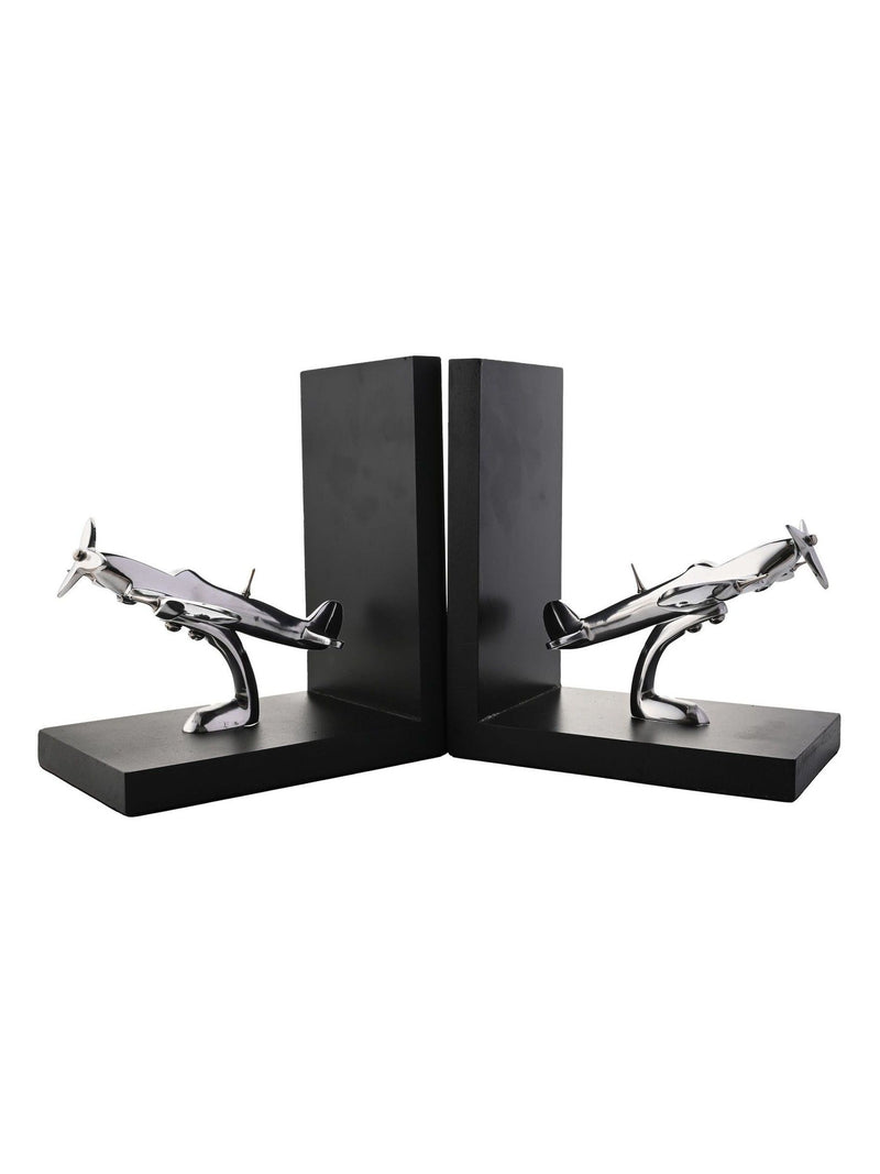 Harvey Makin Spitfire bookends black base silver aircraft, imported from the UK