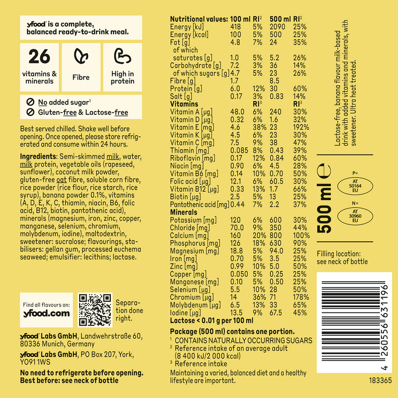 Yfood Happy Banana meal replacement drink 6x500ml - British product