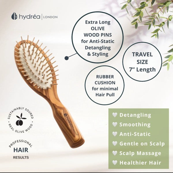 Hydrea London anti-static olive wood travel hair brush, UK version