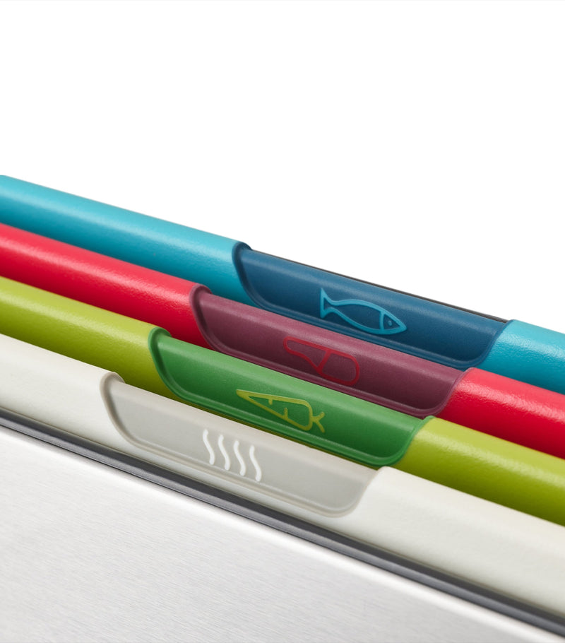 Joseph Joseph four-piece colour-coded chopping board set with case, UK version
