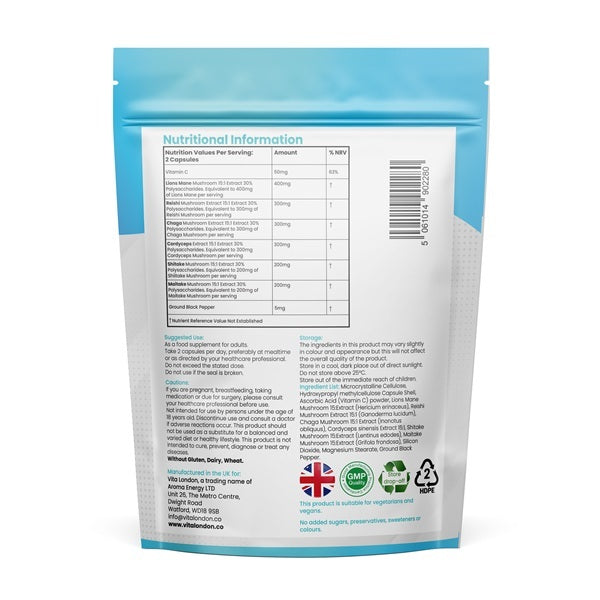 Vita London mushroom supplement 6-in-1 complex 60 capsules, UK version