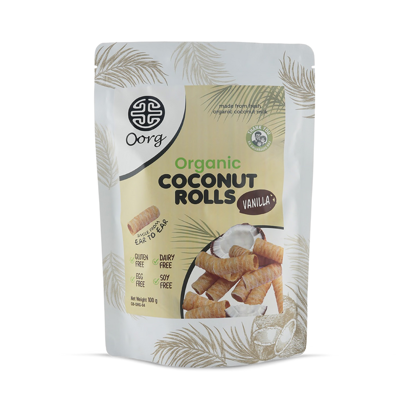 OORG organic coconut rolls vanilla 100g, imported from the UK