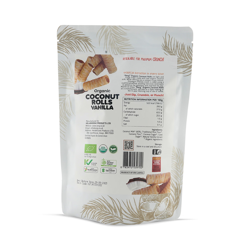 OORG organic coconut rolls vanilla 100g, imported from the UK