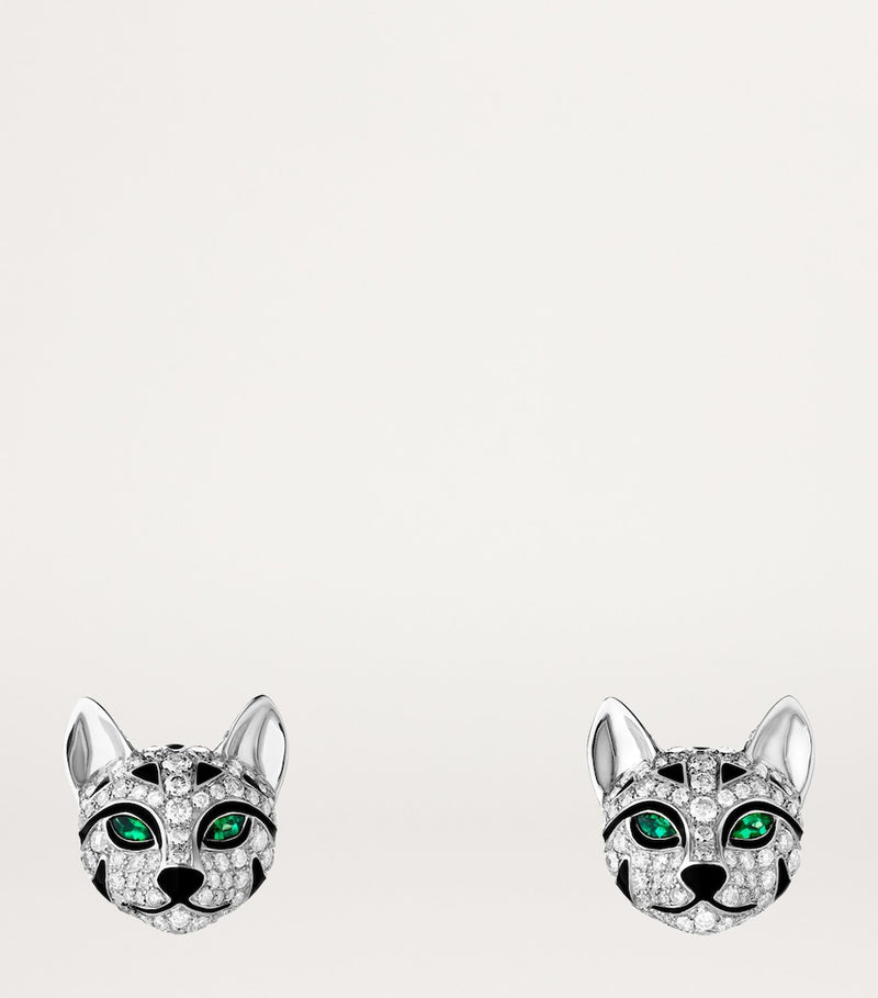 Boucheron cat earrings white gold diamonds emeralds, imported from the UK