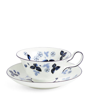 Teacup and Saucer with Wild Strawberry Inky Blue Pattern