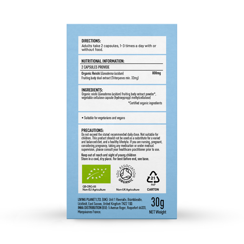 Mushrooms For Life Organic Reishi Extract 60 Capsules, imported from the UK