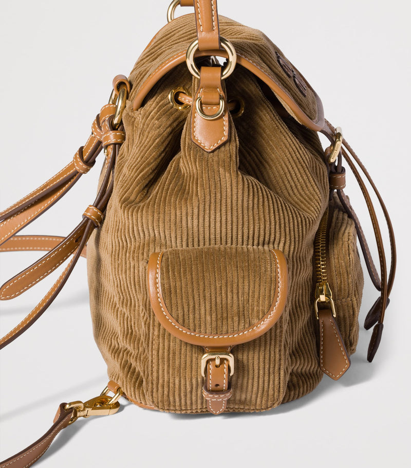Miu Miu medium corduroy leather-trim backpack, imported from the UK