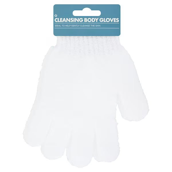 Superdrug white PET body gloves for gentle skin cleansing (British brand)