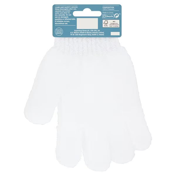 Superdrug white PET body gloves for gentle skin cleansing (British brand)