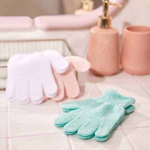 Superdrug white PET body gloves for gentle skin cleansing (British brand)