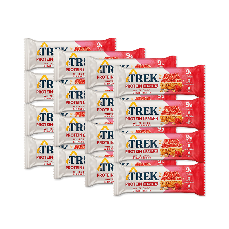 Trek protein flapjack white chocolate raspberry 16x50g (British brand)