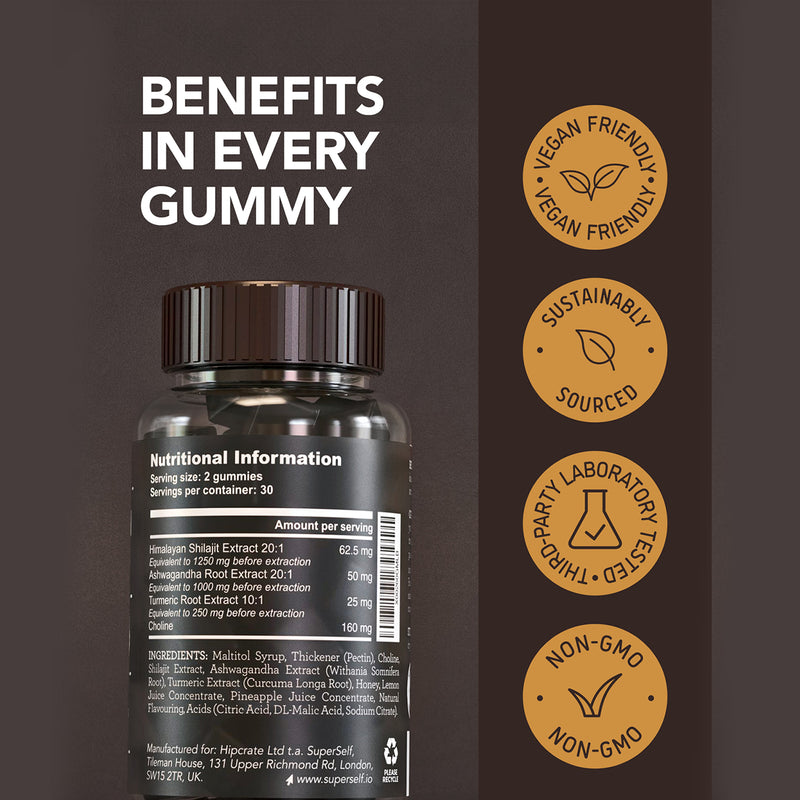 SuperSelf Himalayan Shilajit gummies pineapple flavour 60 gummies, imported from the UK