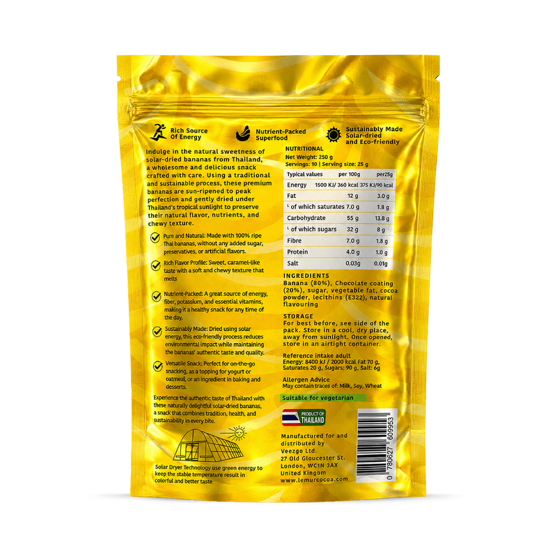 Banana snack coated in Belgian dark chocolate 250g, UK version
