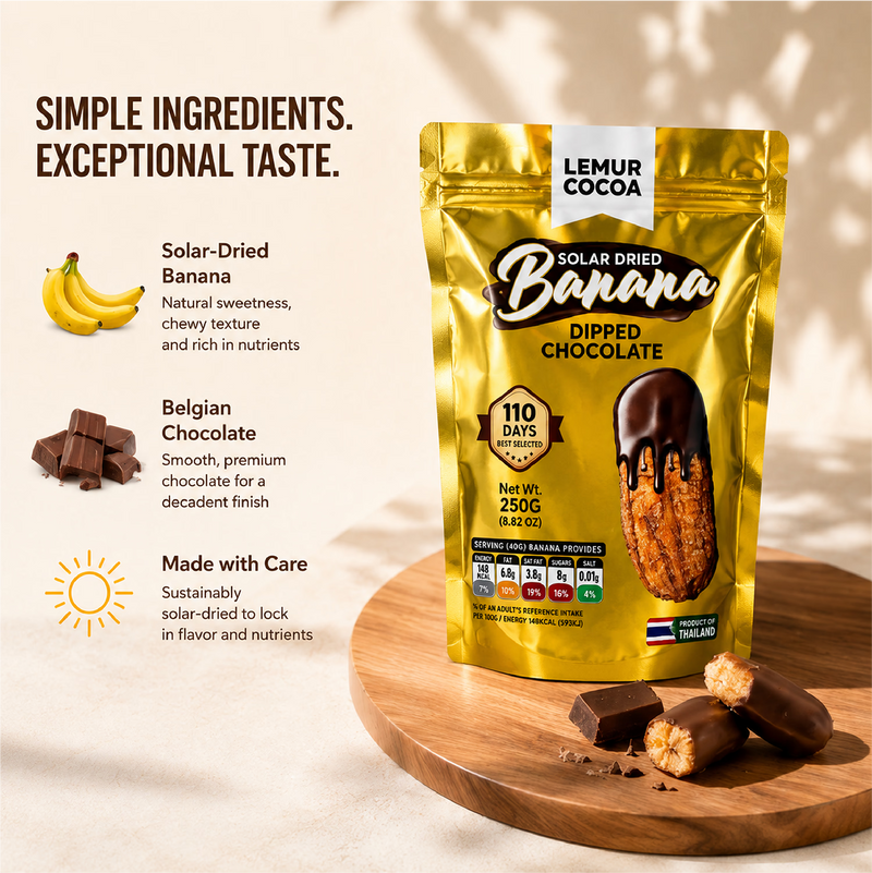 Banana snack coated in Belgian dark chocolate 250g, UK version