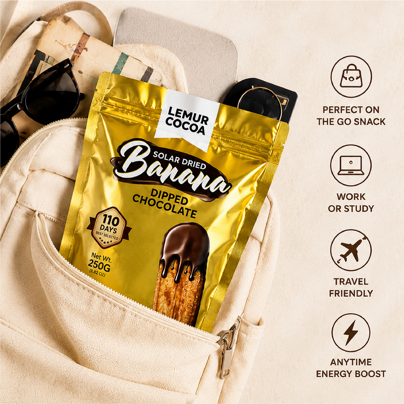 Banana snack coated in Belgian dark chocolate 250g, UK version