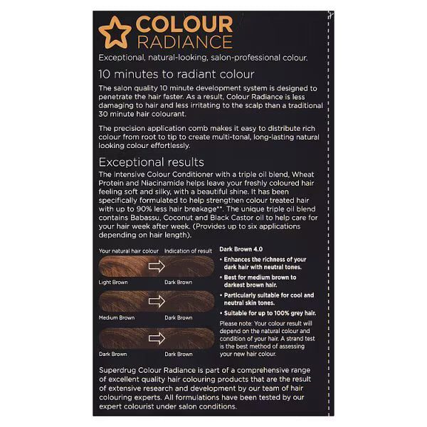 Superdrug permanent hair dye dark brown 4/0 (British brand)