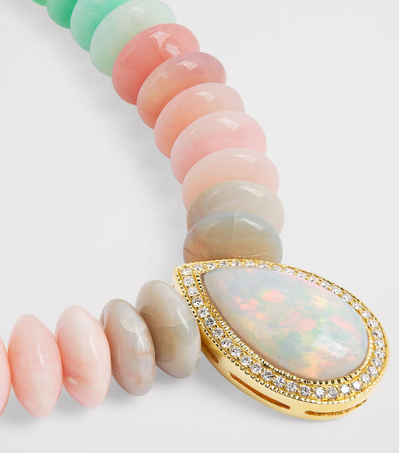 Jacquie Aiche yellow gold diamond opal beaded necklace, imported from the UK