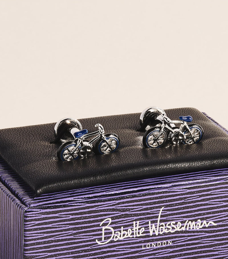 Babette Wasserman rhodium-plated bicycle cufflinks, imported from the UK
