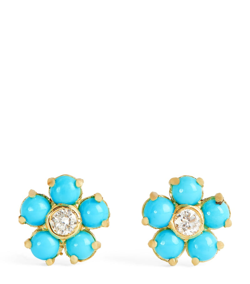 Jennifer Meyer flower stud earrings yellow gold diamond turquoise 5mm - British product