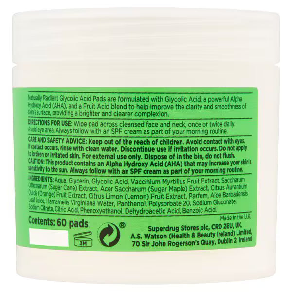 Glycolic Acid Face Cleansing Pads 60 pack, imported from the UK