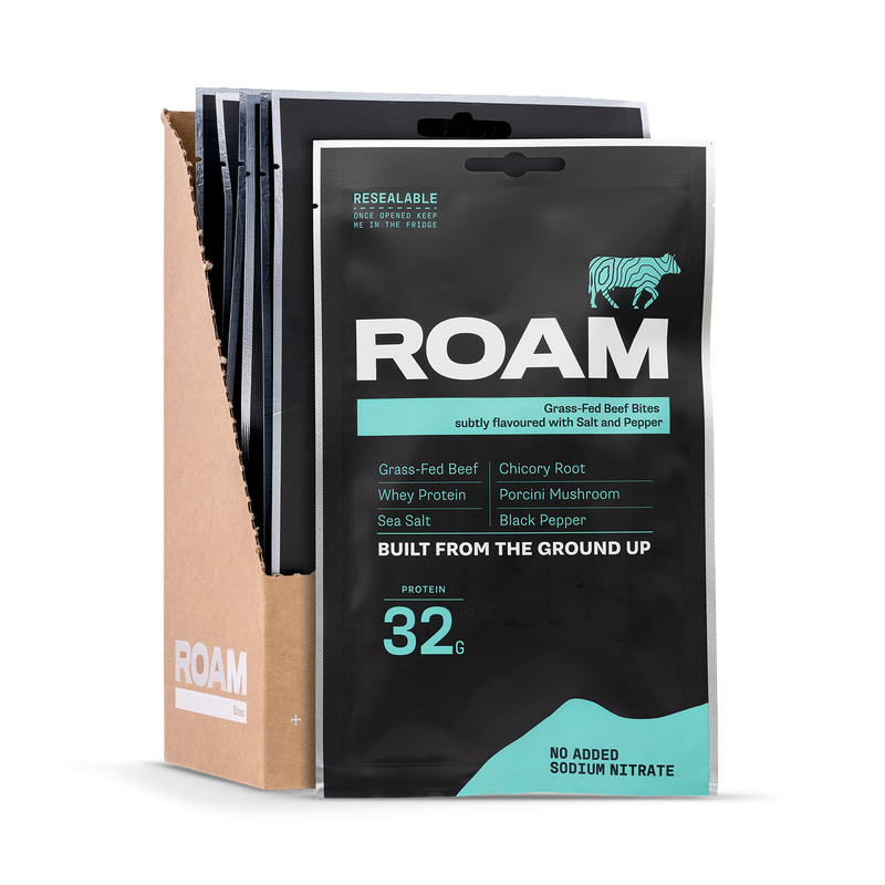 ROAM salt and pepper grass-fed beef bites 70g sharing bag (British brand)