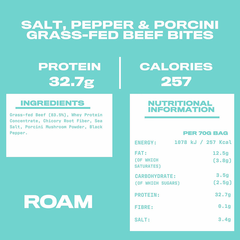 ROAM salt and pepper grass-fed beef bites 70g sharing bag (British brand)