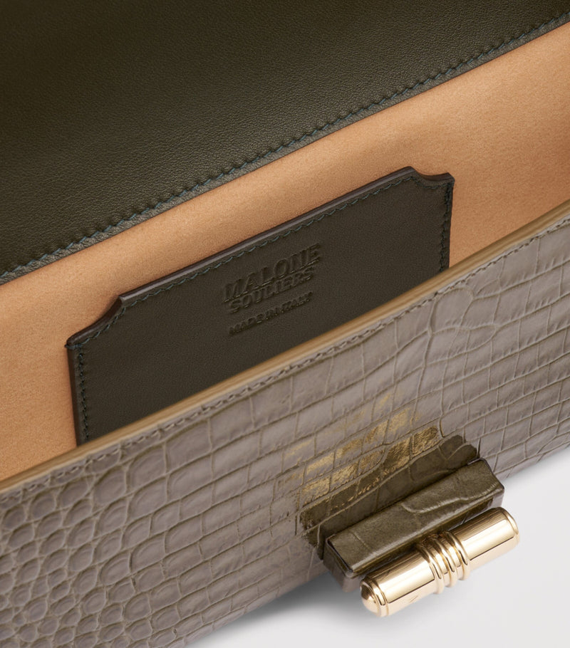Malone Souliers croc-embossed May clutch bag, imported from the UK
