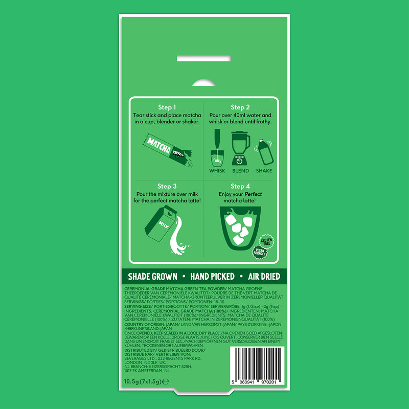 PerfectTed Organic Matcha Sticks 7 Pack, imported from the UK