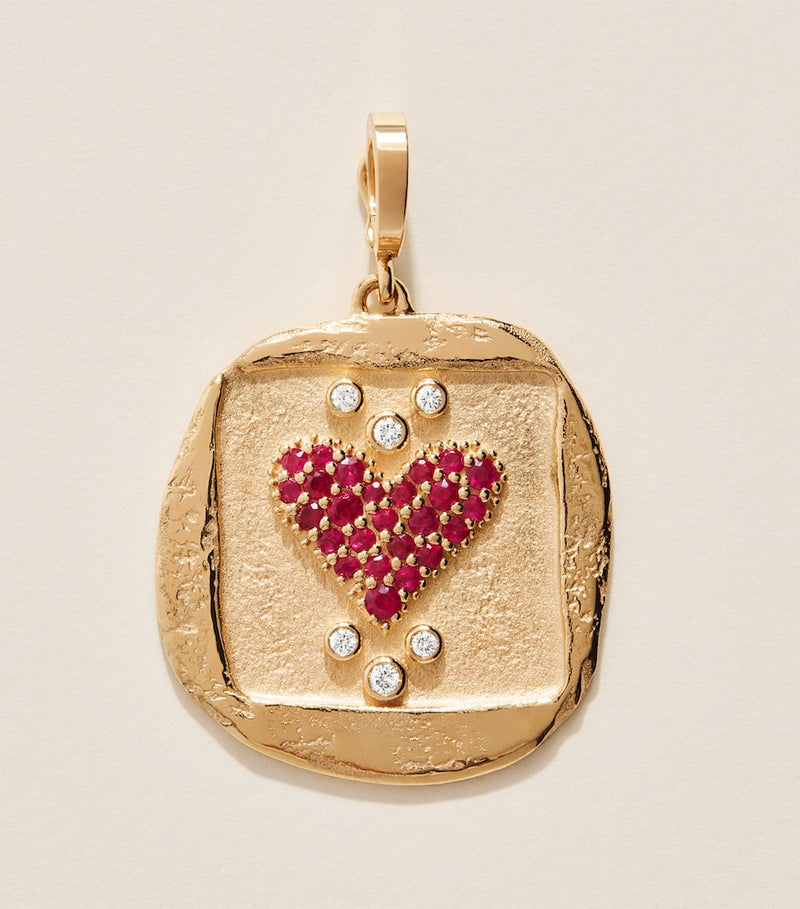 Azlee yellow gold diamond and pavé ruby coin charm - British product
